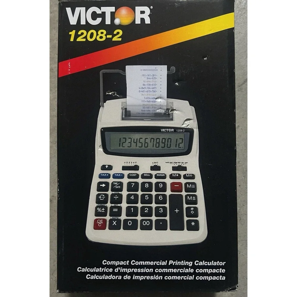 Victor 1208-2 Printing Calculator, 2-Color Black/Red Print, Manual & Adapter NIB